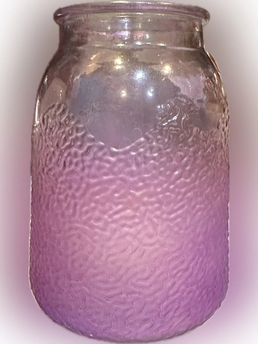 PURPLE PINK TEXTURED GLASS VASE JUG CONTAINER STORAGE FLOWERS WEDDING DECOR 7”x5